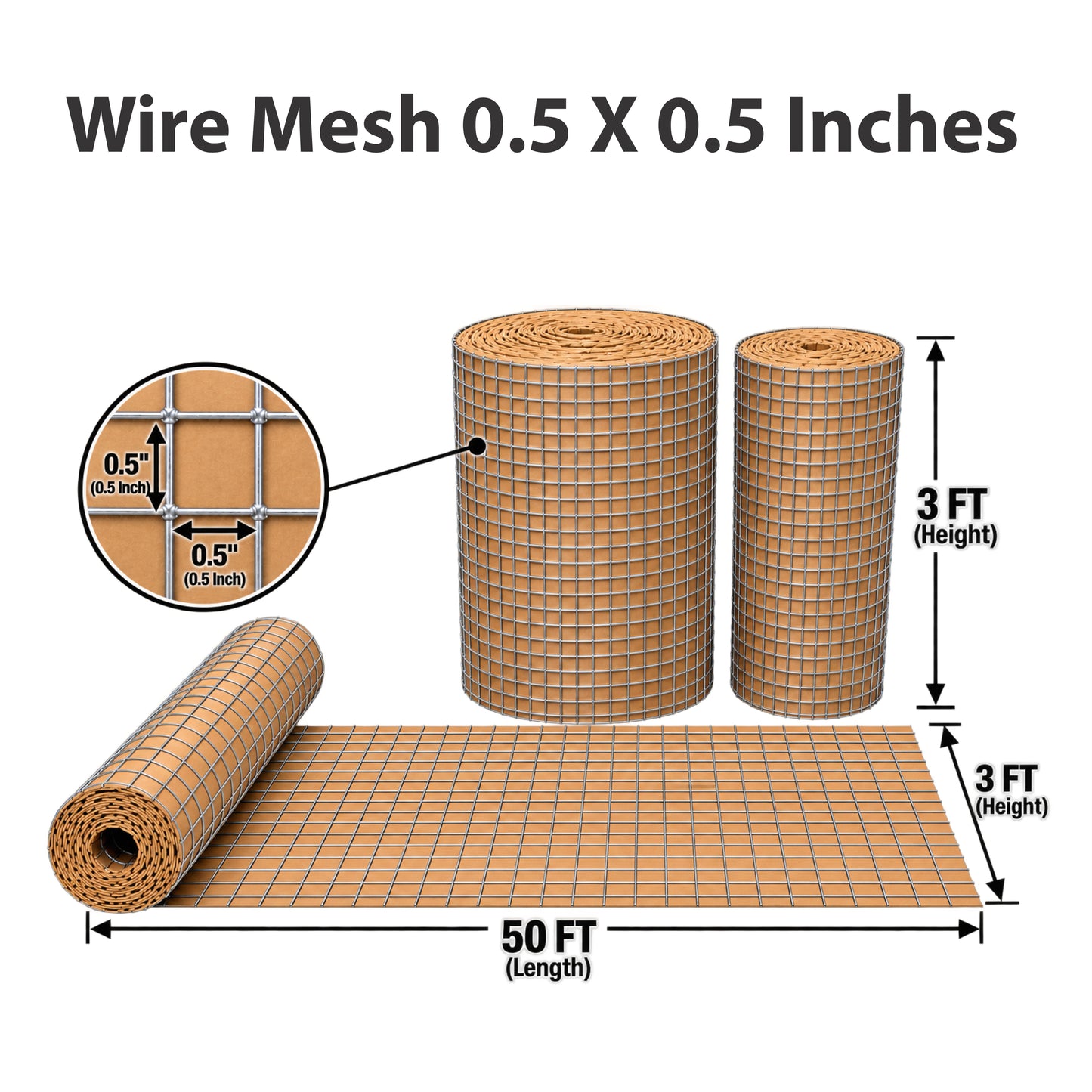 3Ftx50Ft Wire Mesh 0.5x0.5 Inches