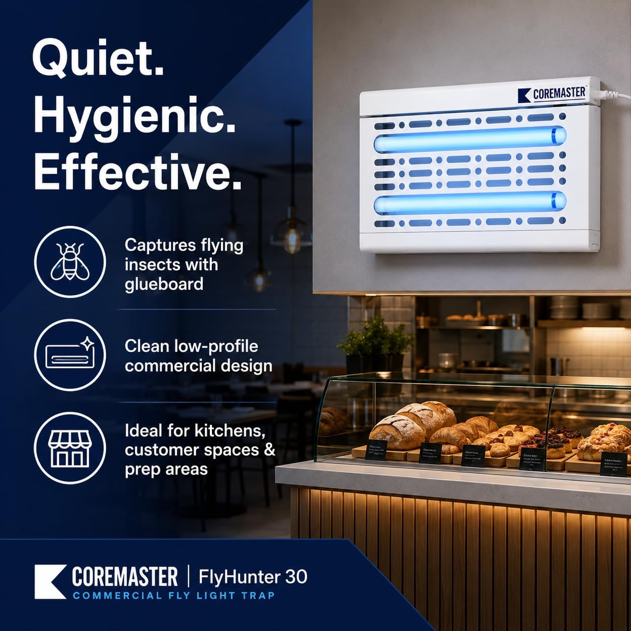 FlyHunter 30- Commercial Fly Light Trap with T8-2X15W -18" Shatterproof (White), Indoor Commercial Use for Capturing Flies, Mosquitoes, Moths and Flying Insects