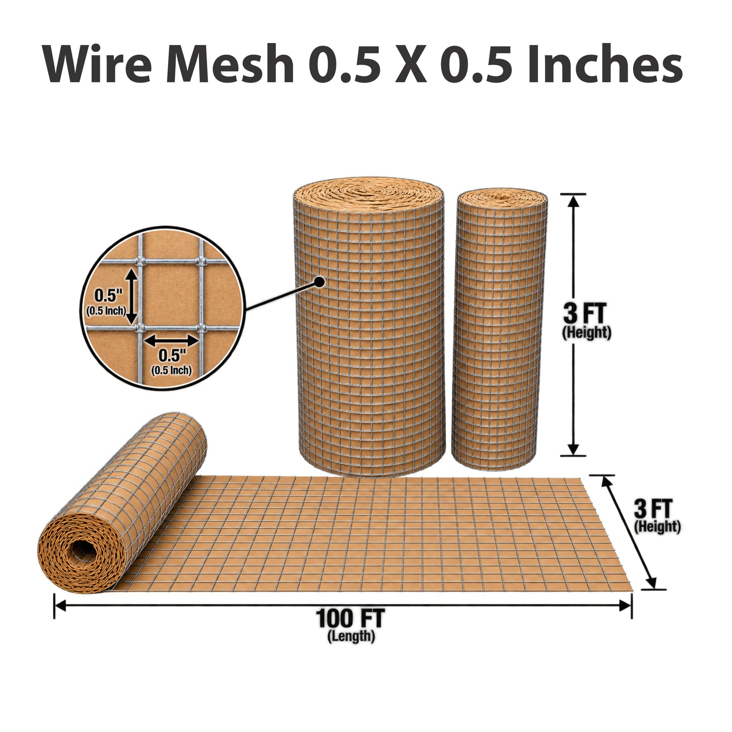 3Ftx100Ft Wire Mesh 0.5x0.5 Inches