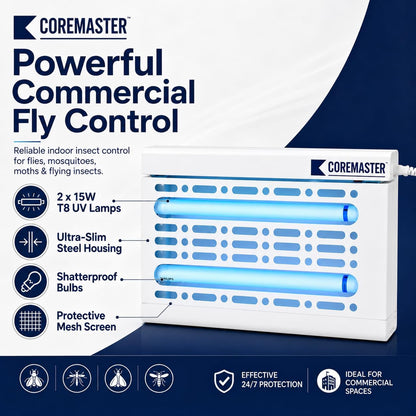 FlyHunter 30- Commercial Fly Light Trap with T8-2X15W -18" Shatterproof (White), Indoor Commercial Use for Capturing Flies, Mosquitoes, Moths and Flying Insects