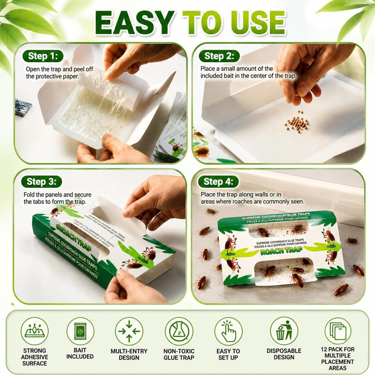 Coremaster Cockroach Traps with Adhesive & Grain Attractant - 12 Pack