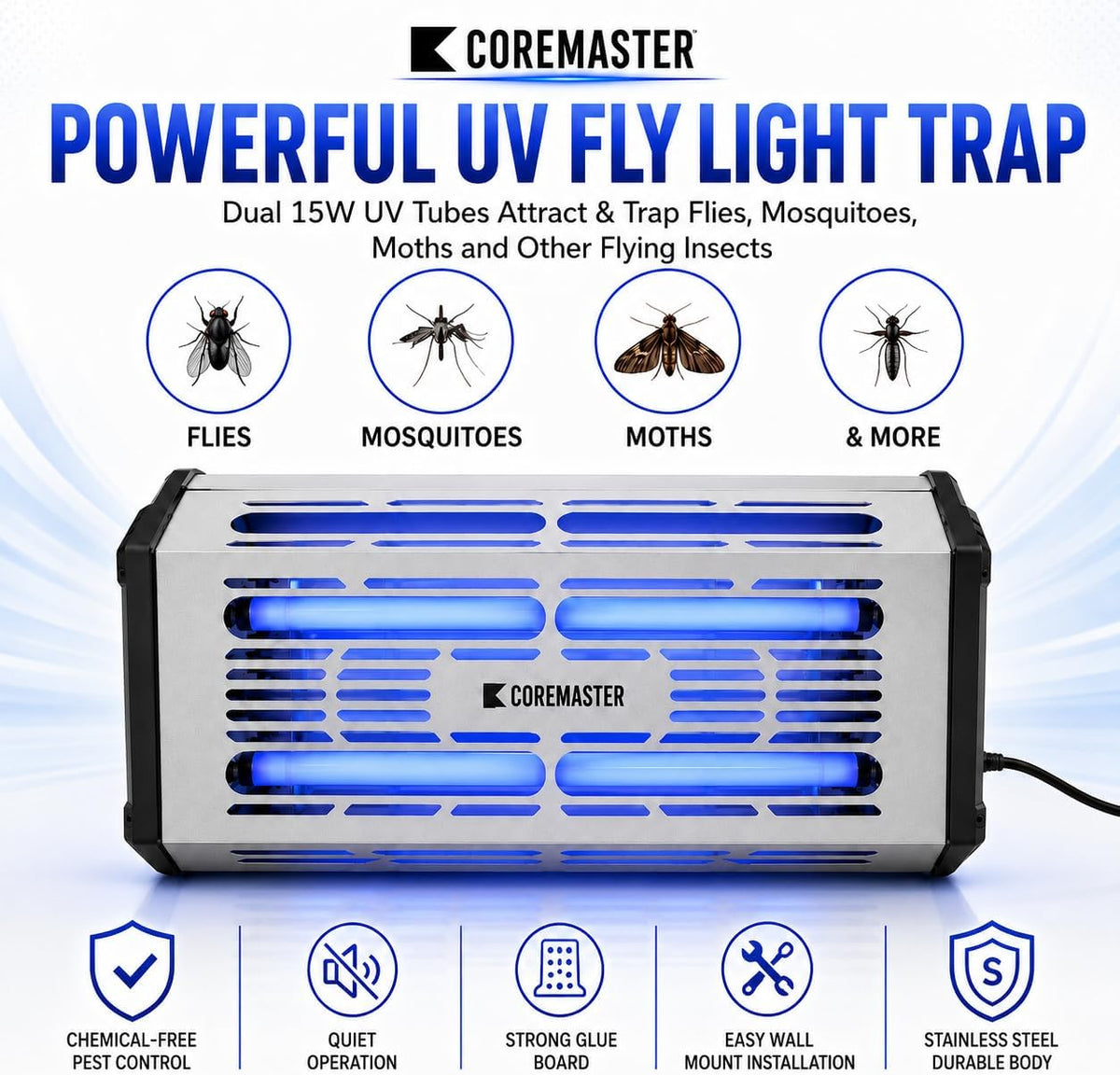 Coremaster S321 Commercial Fly Light Trap – 30W UV Indoor Fly Control with 16.5" x 11.13" Glue Board