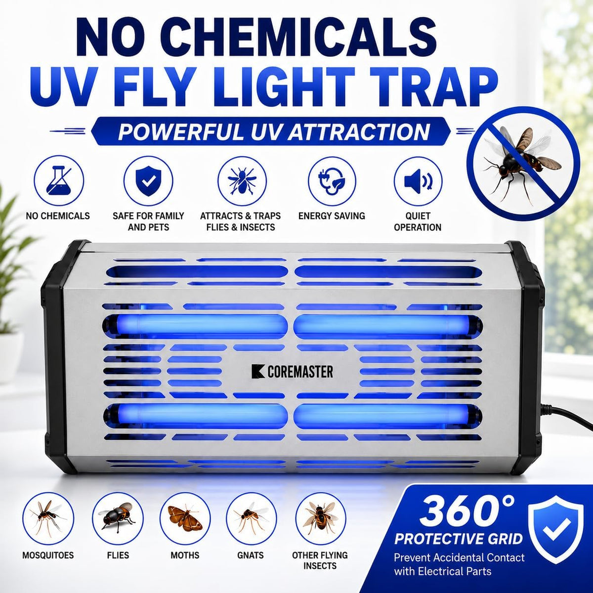 Coremaster S321 Commercial Fly Light Trap – 30W UV Indoor Fly Control with 16.5" x 11.13" Glue Board