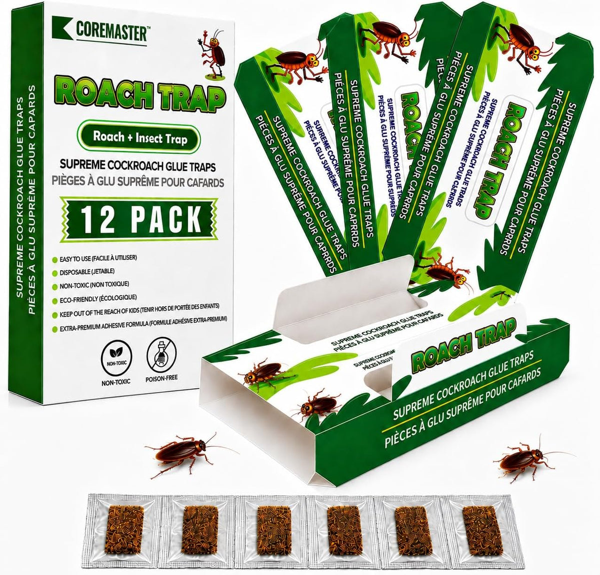 Coremaster Cockroach Traps with Adhesive & Grain Attractant - 12 Pack