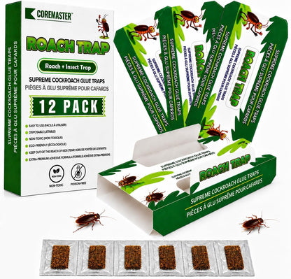 Coremaster Cockroach Traps with Adhesive & Grain Attractant - 12 Pack