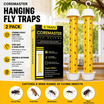 Coremaster Hanging Fly Traps - Sticky Fly Catcher for Indoor & Outdoor, 2 Pack
