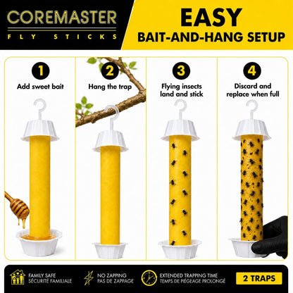 Coremaster Hanging Fly Traps - Sticky Fly Catcher for Indoor & Outdoor, 2 Pack
