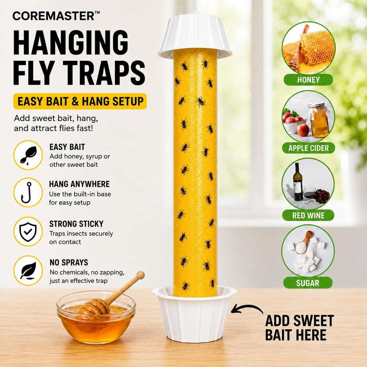 Coremaster Hanging Fly Traps - Sticky Fly Catcher for Indoor & Outdoor, 2 Pack