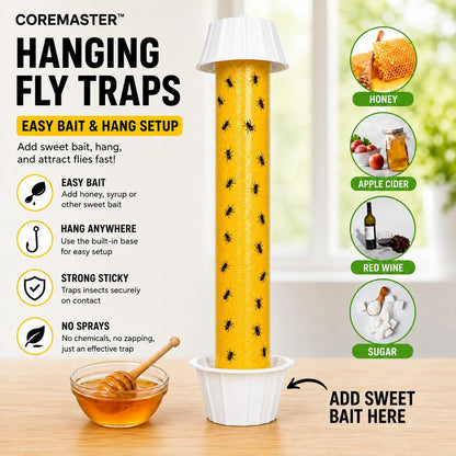 Coremaster Hanging Fly Traps - Sticky Fly Catcher for Indoor & Outdoor, 2 Pack