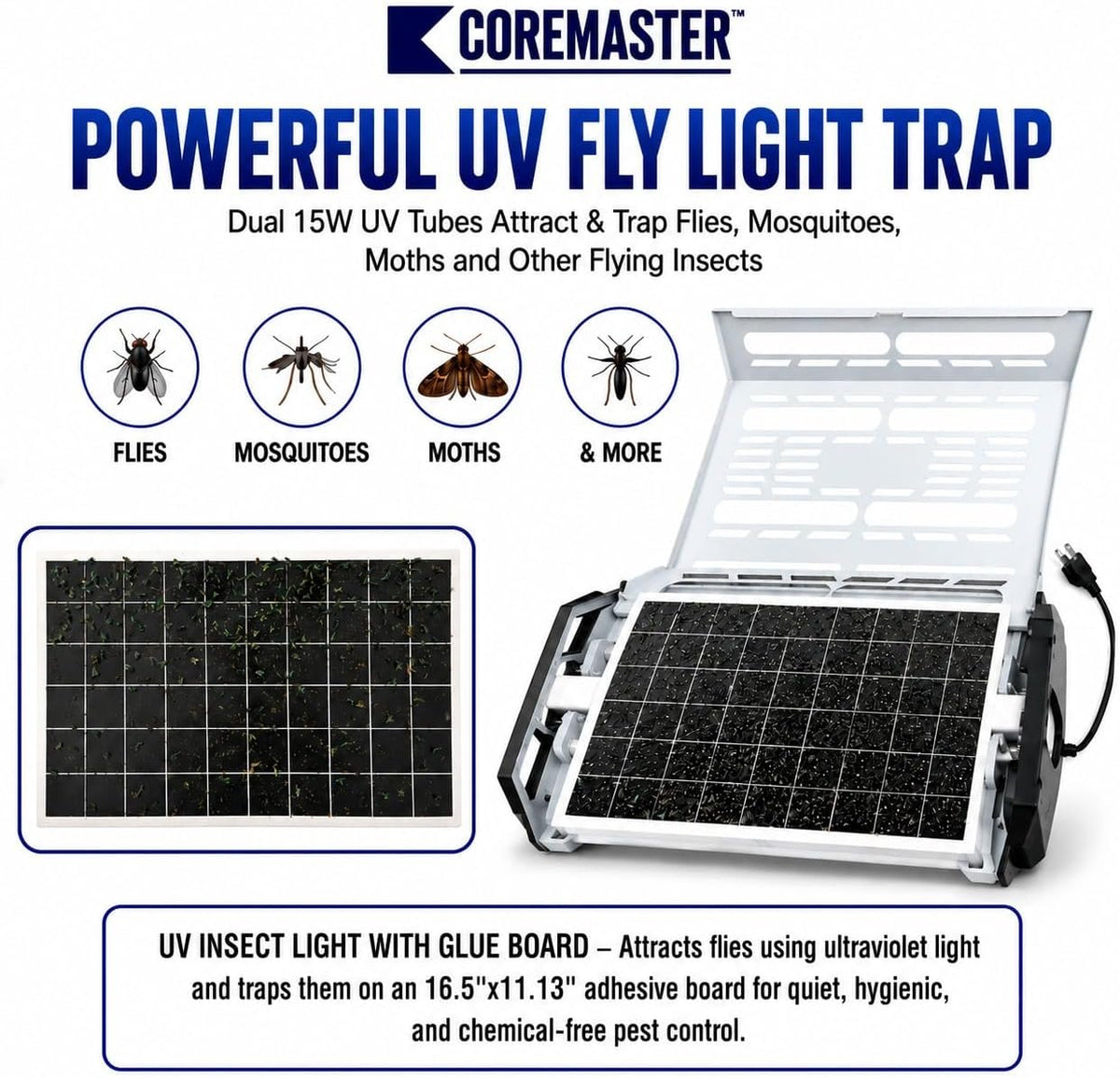 Coremaster S321 Commercial Fly Light Trap – 30W UV Indoor Fly Control with 16.5" x 11.13" Glue Board