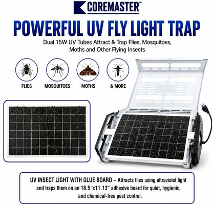 Coremaster S321 Commercial Fly Light Trap – 30W UV Indoor Fly Control with 16.5" x 11.13" Glue Board
