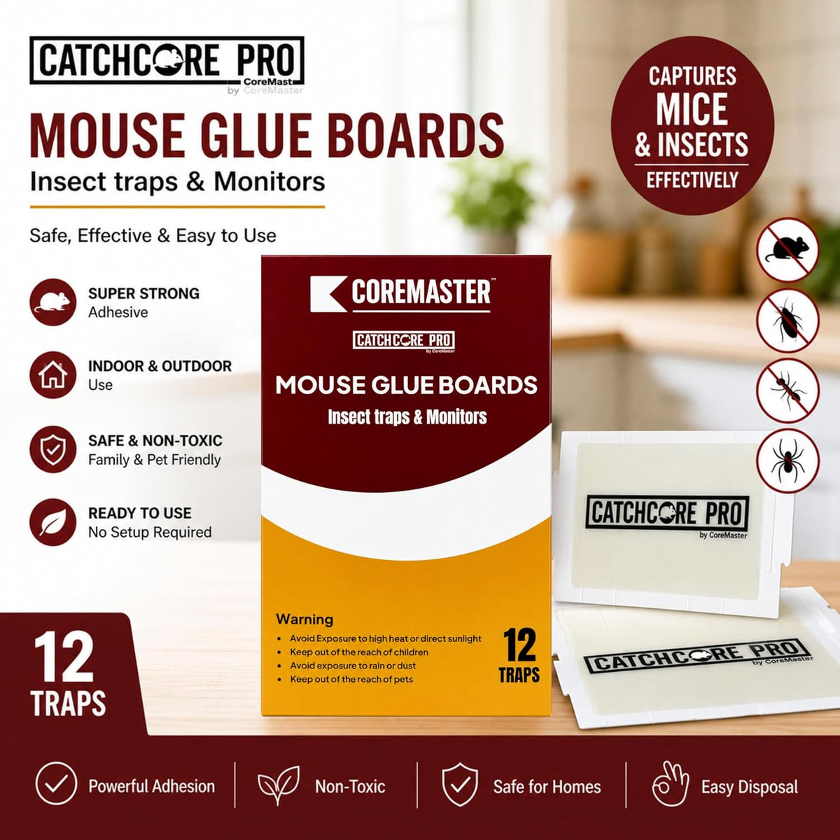 Catchcore PRO Mouse & Insect Glue Trap - Long-Lasting Adhesive, 12 & 36 Pack