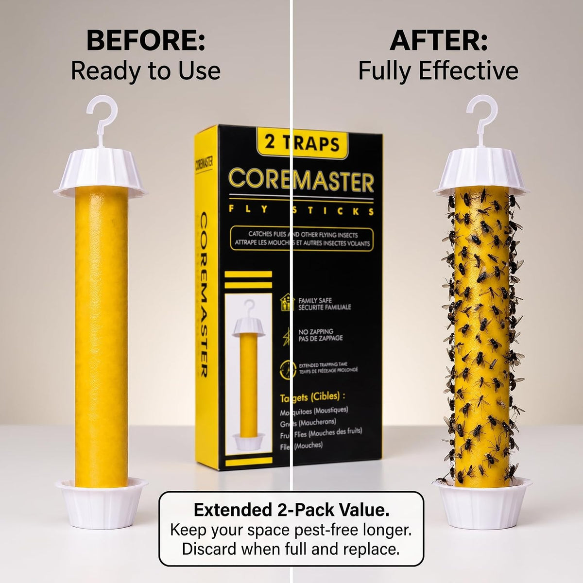 Coremaster Hanging Fly Traps - Sticky Fly Catcher for Indoor & Outdoor, 2 Pack