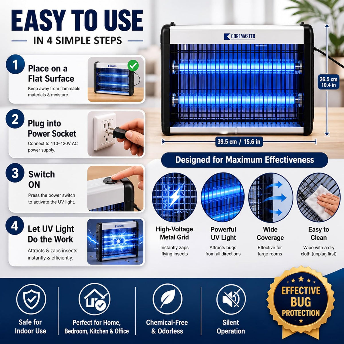 Coremaster Core 214 Indoor Insect Killer – 20W Bug Zapper for Flies, Mosquitoes, Gnats & Moths