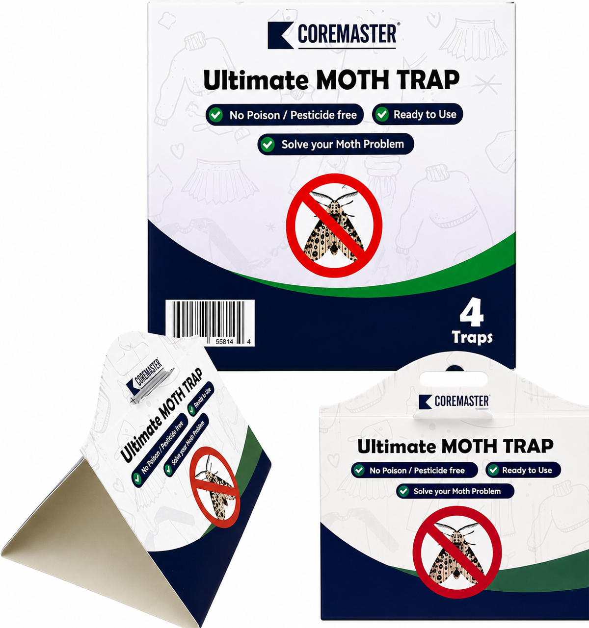 Coremaster Clothes Moth Traps - Pheromone Traps for Wardrobes & Closets (4 & 8 Pack)