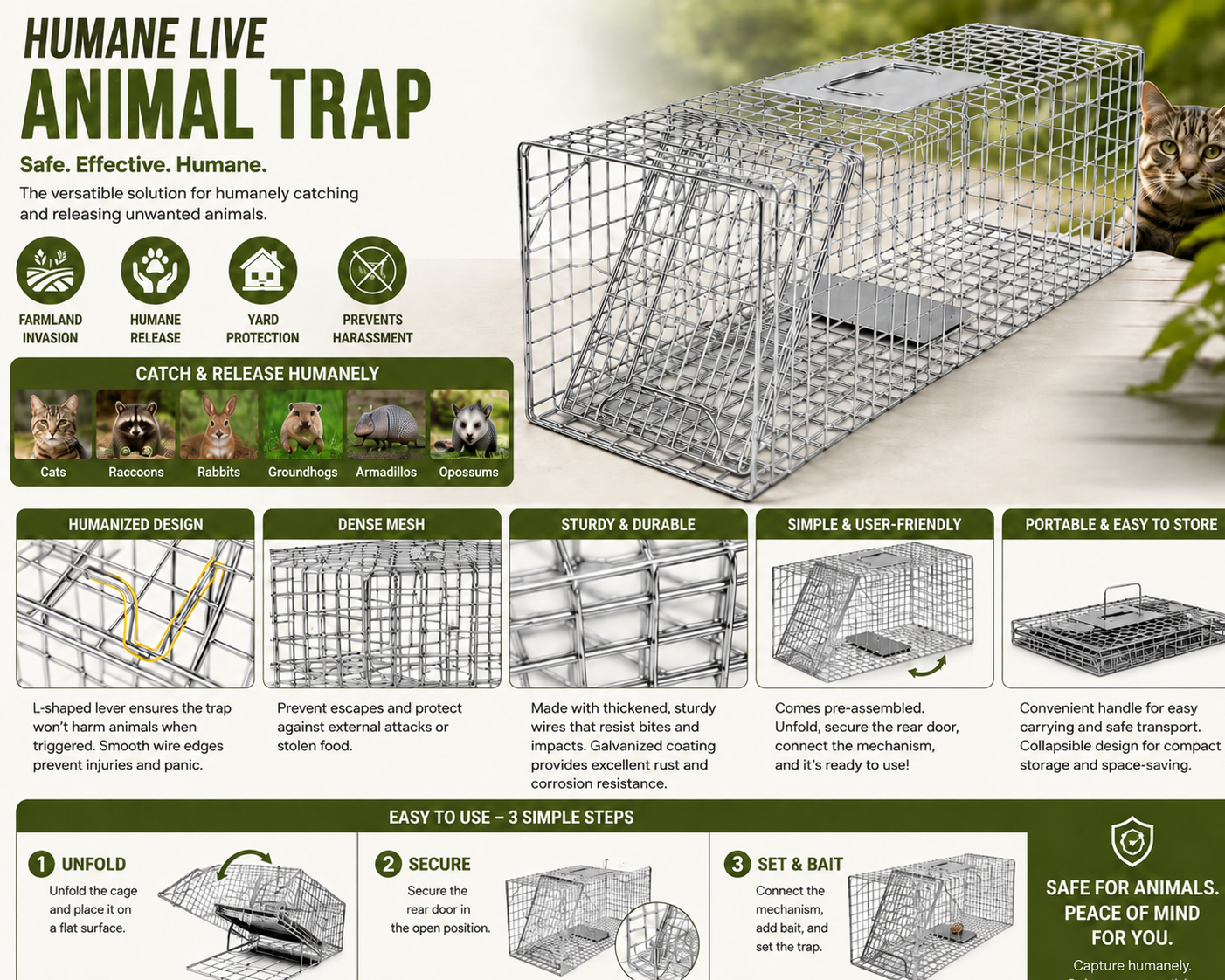 Coremaster Humane Live Animal Trap - Foldable Galvanized Steel Cage