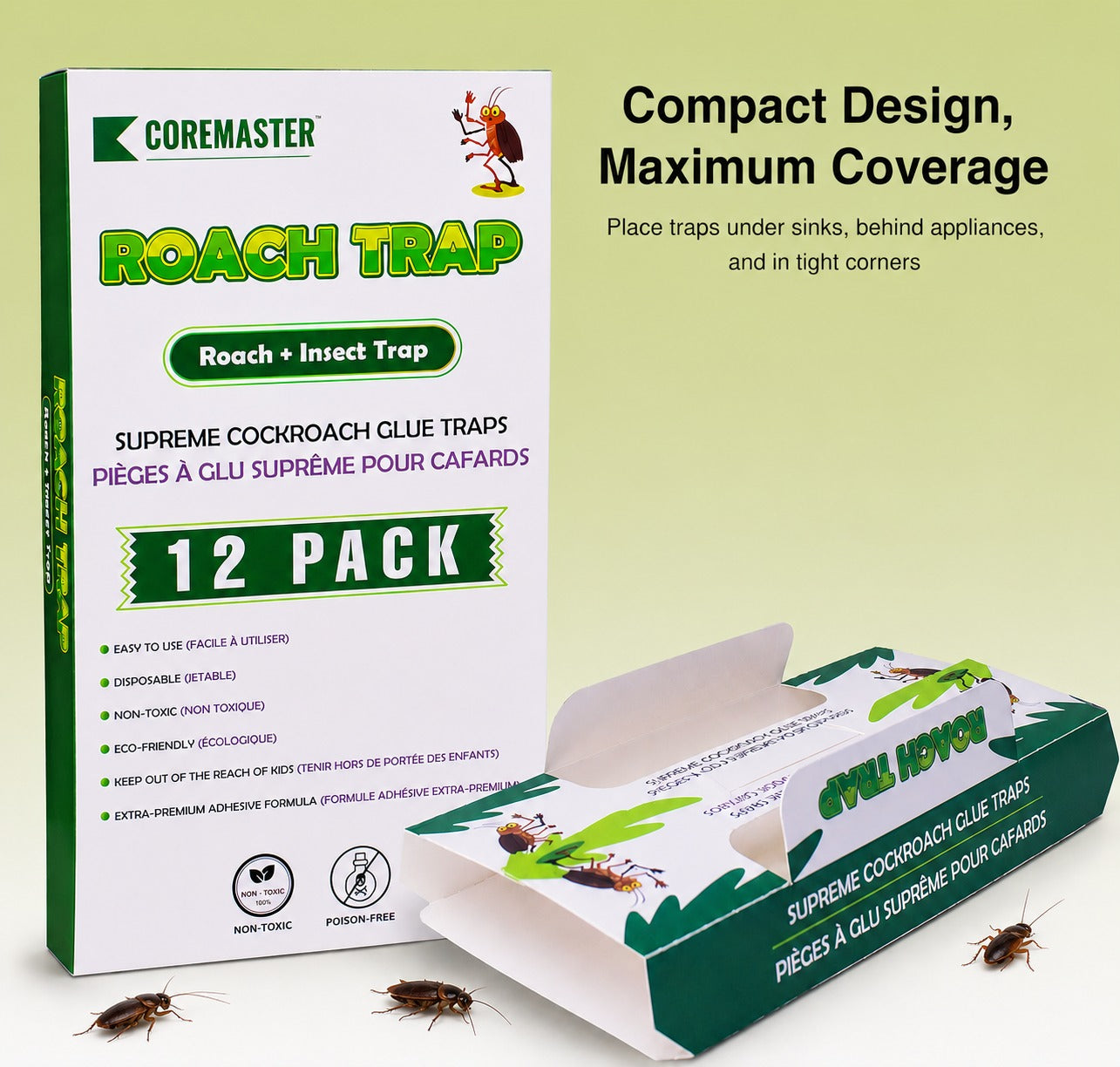 Coremaster Cockroach Traps with Adhesive & Grain Attractant - 12 Pack