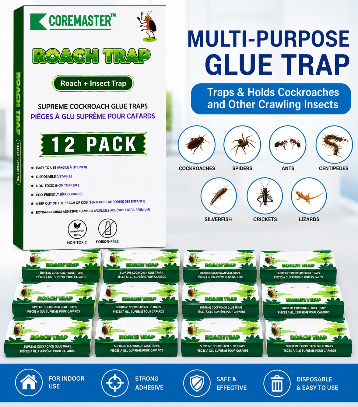 Coremaster Cockroach Traps with Adhesive & Grain Attractant - 12 Pack