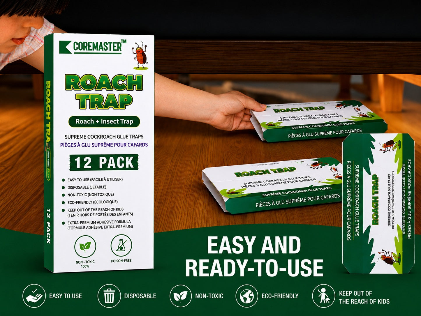 Coremaster Cockroach Traps with Adhesive & Grain Attractant - 12 Pack