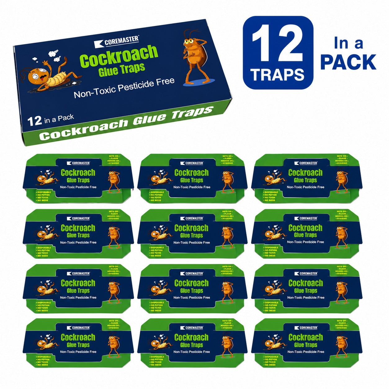 Coremaster Blue Cockroach Glue Traps for Indoor Use - 12 Pack