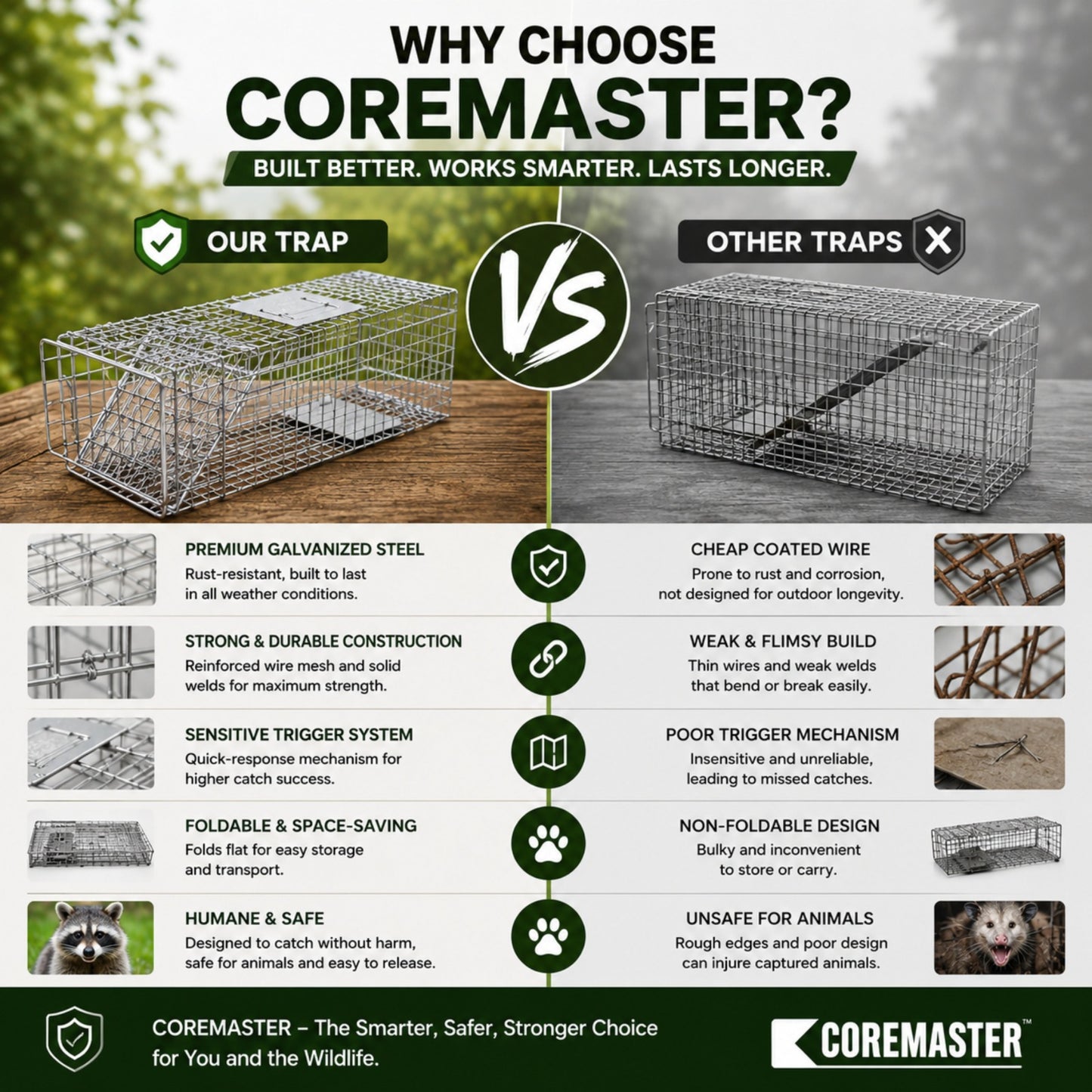 Coremaster Humane Live Animal Trap - Foldable Galvanized Steel Cage